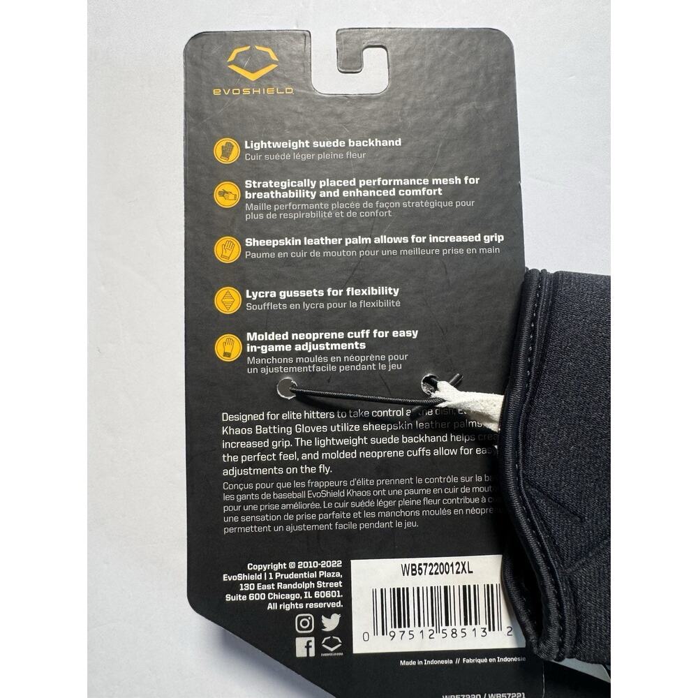 EvoShield Khaos Batting Gloves Adult XXL Black Baseball Softball NWT - Picture 5 of 5